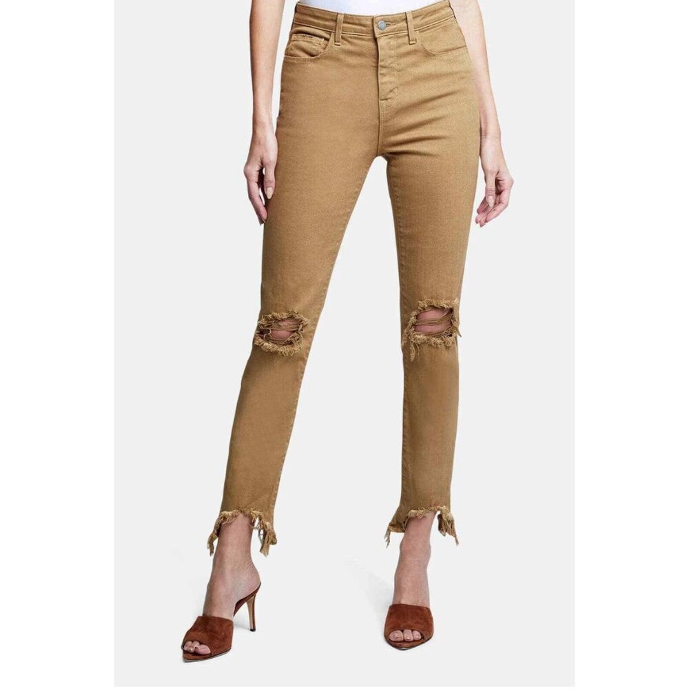 L'AGENCE High Line High Rise Skinny Destroyed Hem Jeans Sahara Size 26